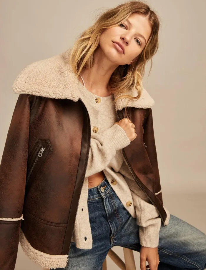 Lucky Brand Jackets and Outerwear Women Faux Shearling Jacket Dark Brown