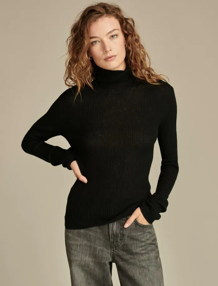 Lucky Brand Knit Tops Women Ribbed Turtleneck Dark Black