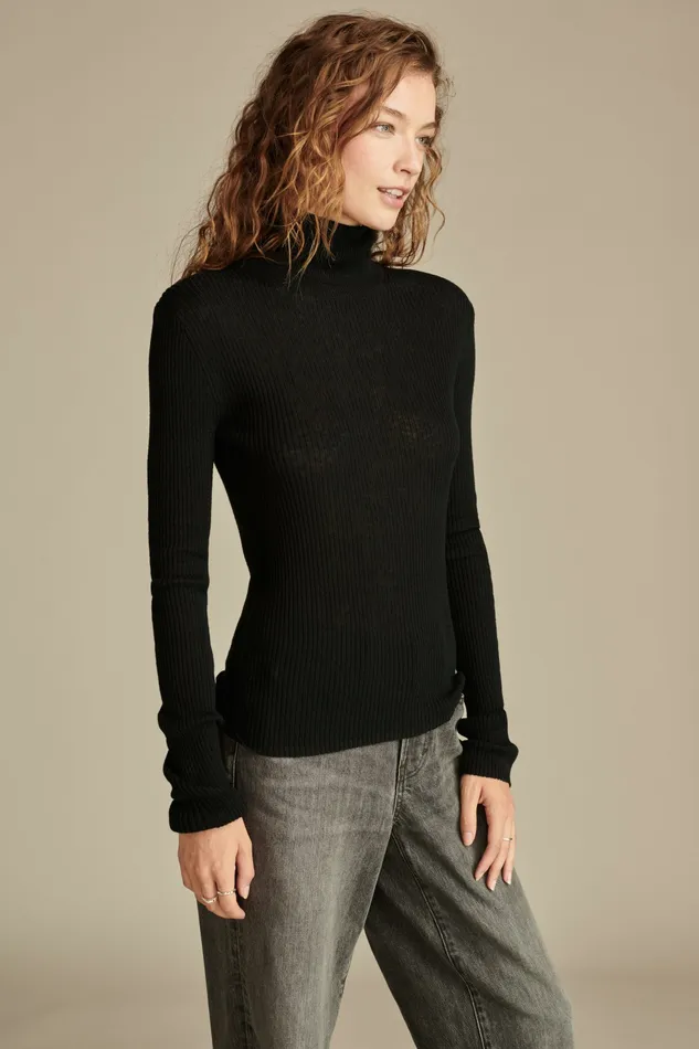 Lucky Brand Knit Tops Women Ribbed Turtleneck Dark Black