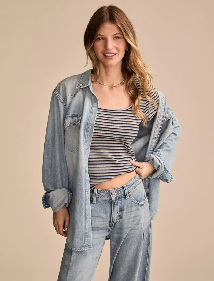Lucky Brand Knit Tops Women Short Sleeve Square Neck Tee Blue Stripe