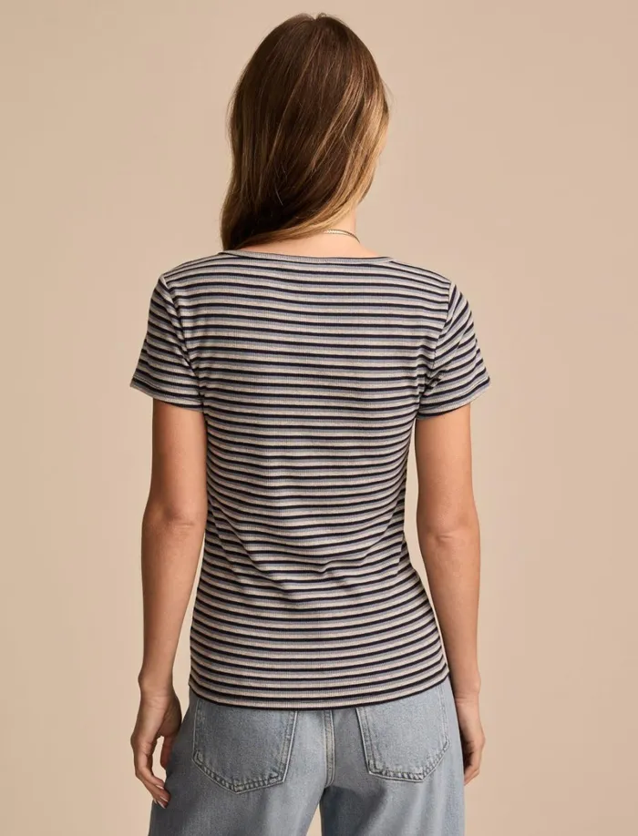 Lucky Brand Knit Tops Women Short Sleeve Square Neck Tee Blue Stripe