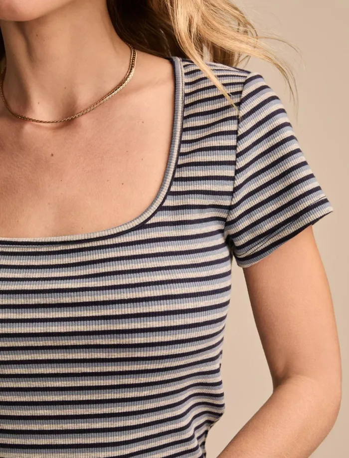 Lucky Brand Knit Tops Women Short Sleeve Square Neck Tee Blue Stripe
