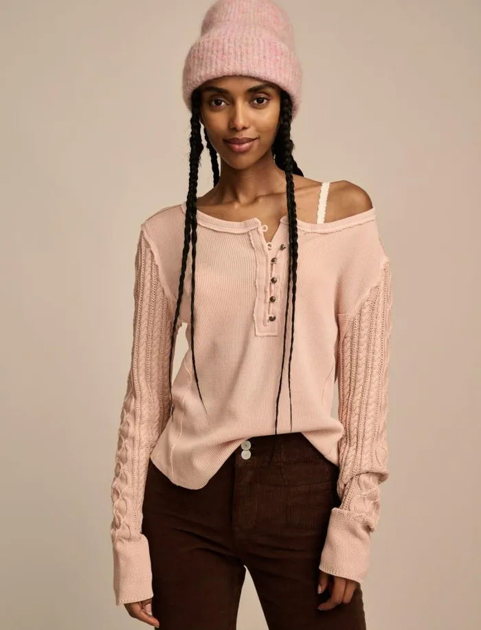 Lucky Brand Knit Tops Women Textured Mixed Sleeve Henley Rose Smoke