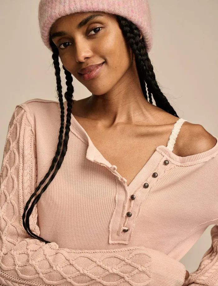Lucky Brand Knit Tops Women Textured Mixed Sleeve Henley Rose Smoke