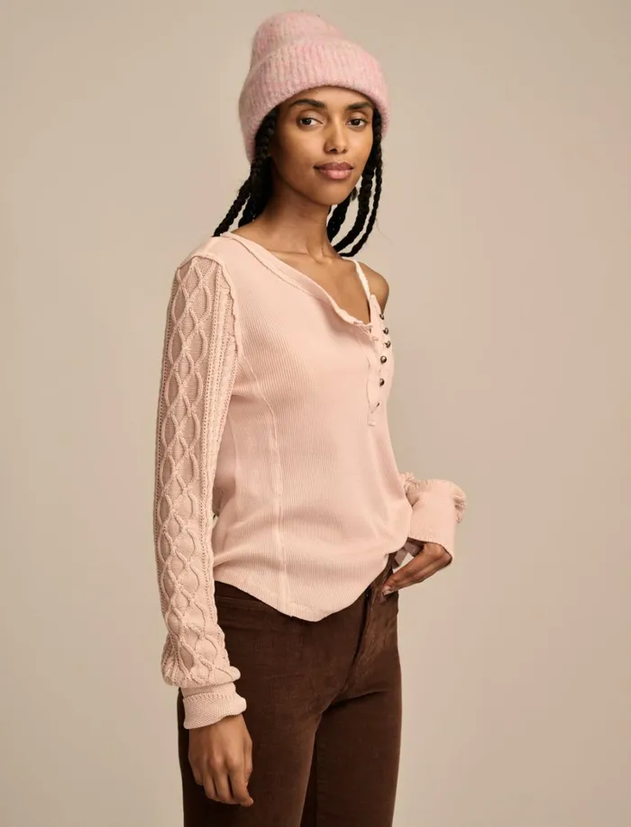 Lucky Brand Knit Tops Women Textured Mixed Sleeve Henley Rose Smoke