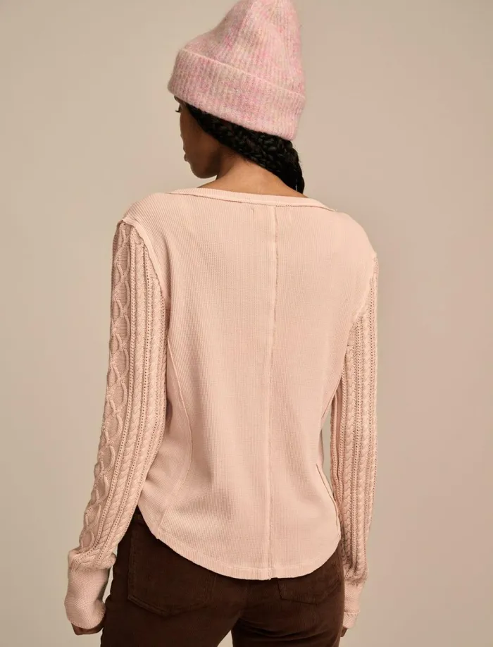 Lucky Brand Knit Tops Women Textured Mixed Sleeve Henley Rose Smoke
