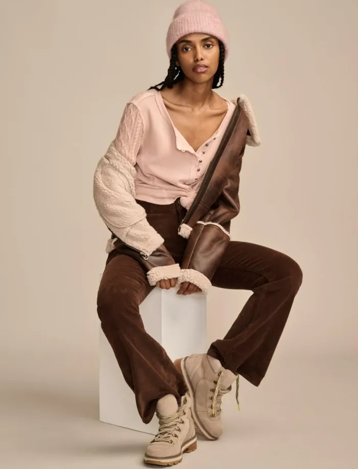 Lucky Brand Knit Tops Women Textured Mixed Sleeve Henley Rose Smoke