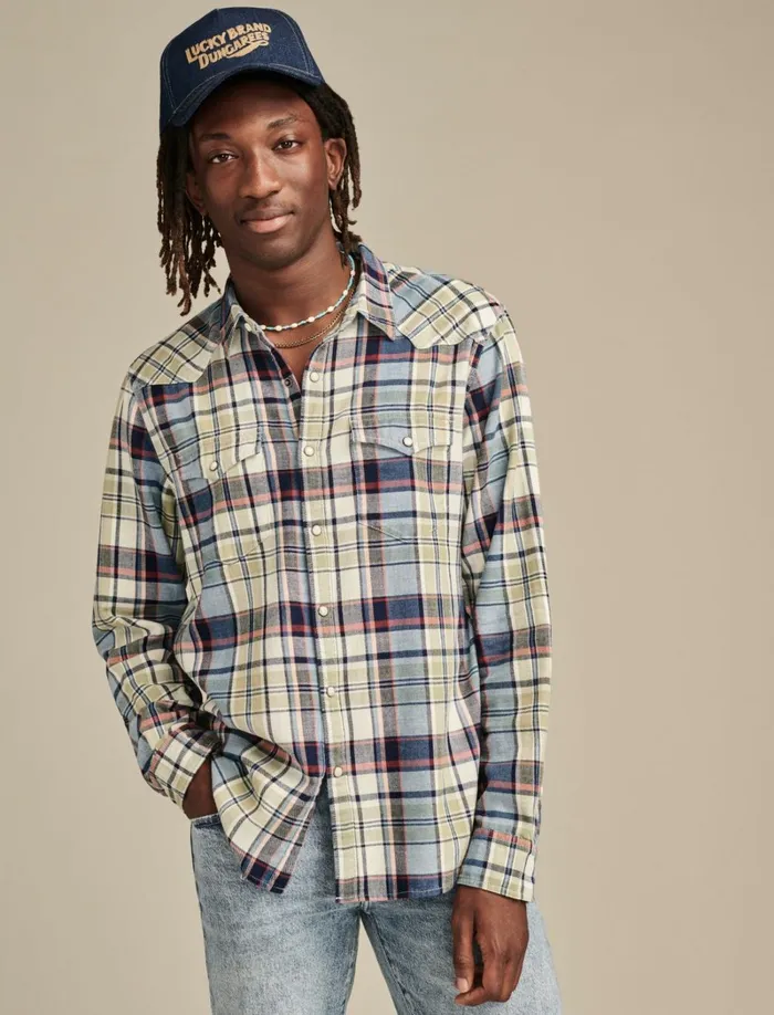 Lucky Brand Shirts and Tops Men Indigo Plaid Western Long Sleeve Shirt Multi