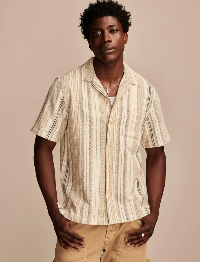 Lucky Brand Shirts and Tops Men Stripe Short Sleeve Camp Collar Shirt Cream Multi