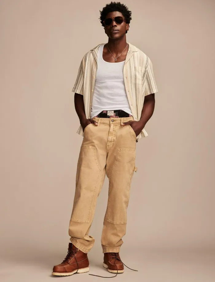 Lucky Brand Shirts and Tops Men Stripe Short Sleeve Camp Collar Shirt Cream Multi