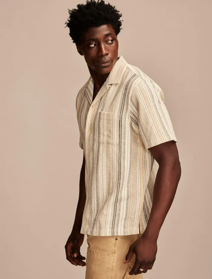Lucky Brand Shirts and Tops Men Stripe Short Sleeve Camp Collar Shirt Cream Multi