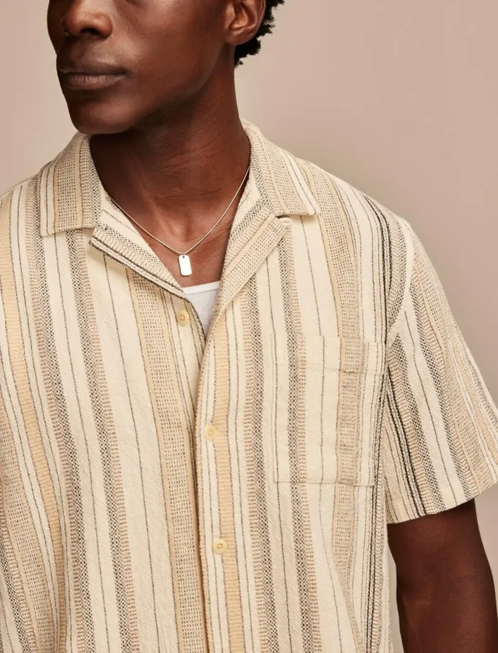 Lucky Brand Shirts and Tops Men Stripe Short Sleeve Camp Collar Shirt Cream Multi