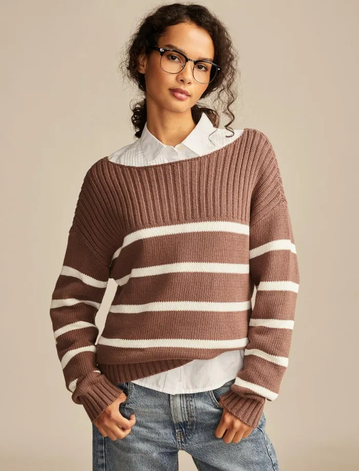 Lucky Brand Sweaters and Sweatshirts Women Boatneck Pullover Sweater Deep Taupe Stripe