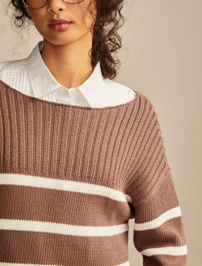 Lucky Brand Sweaters and Sweatshirts Women Boatneck Pullover Sweater Deep Taupe Stripe