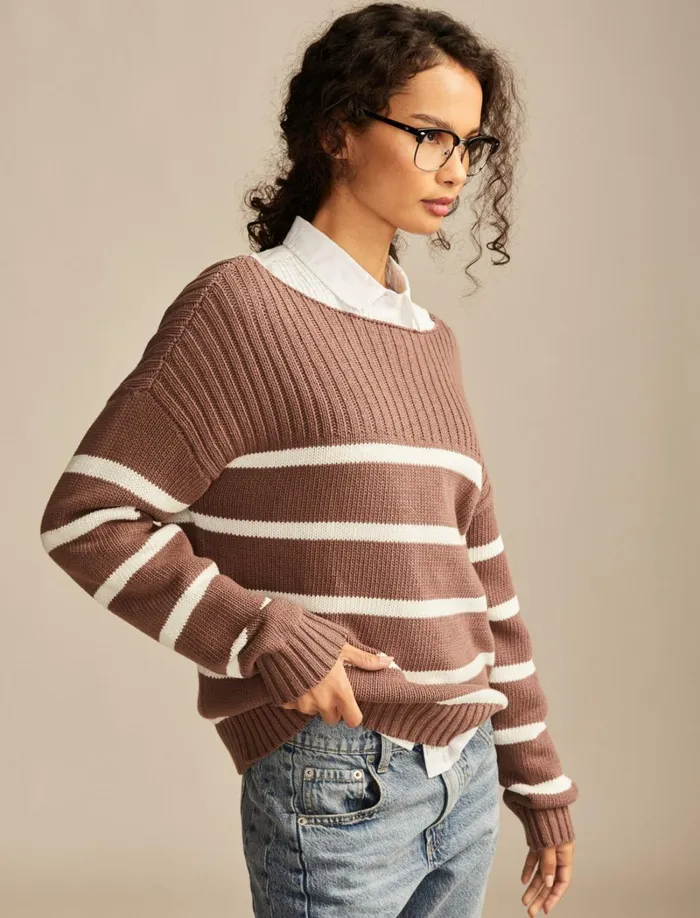 Lucky Brand Sweaters and Sweatshirts Women Boatneck Pullover Sweater Deep Taupe Stripe
