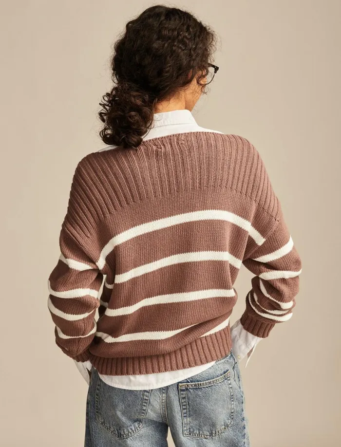 Lucky Brand Sweaters and Sweatshirts Women Boatneck Pullover Sweater Deep Taupe Stripe
