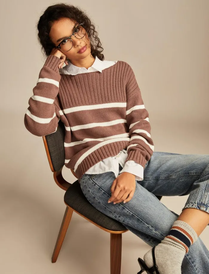 Lucky Brand Sweaters and Sweatshirts Women Boatneck Pullover Sweater Deep Taupe Stripe