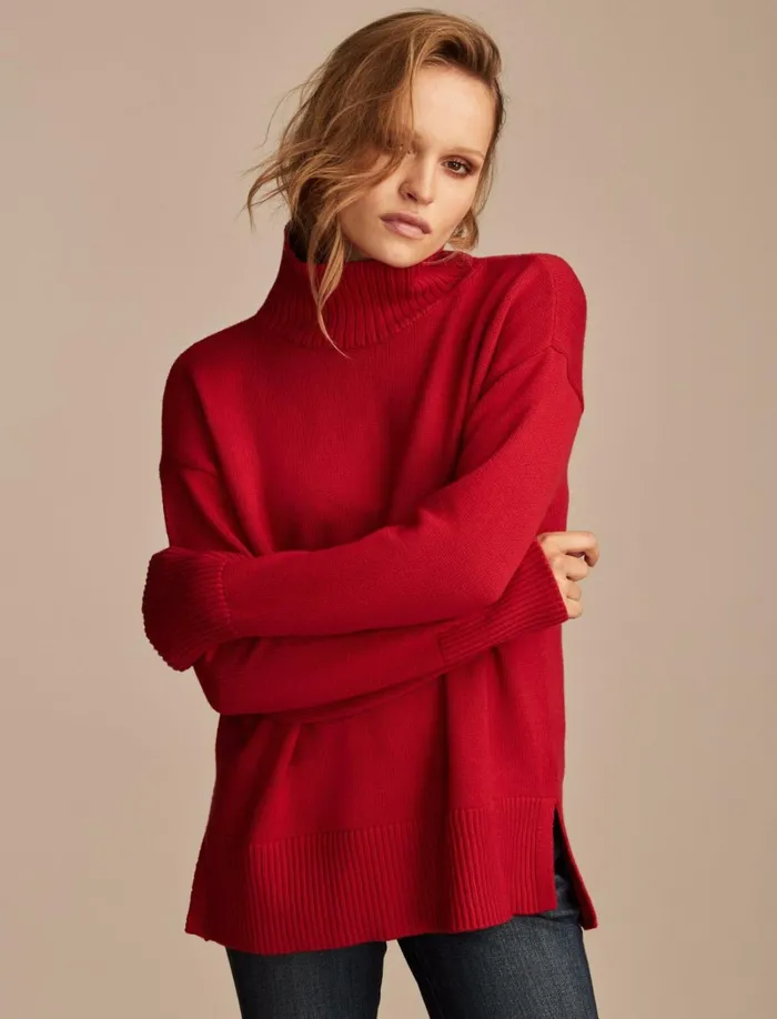 Lucky Brand Sweaters and Sweatshirts Women Mock Neck Tunic Tango Red
