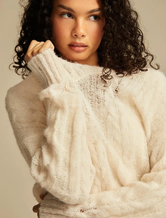 Lucky Brand Sweaters and Sweatshirts Women Mohair Cable Pullover Sweater Tofu