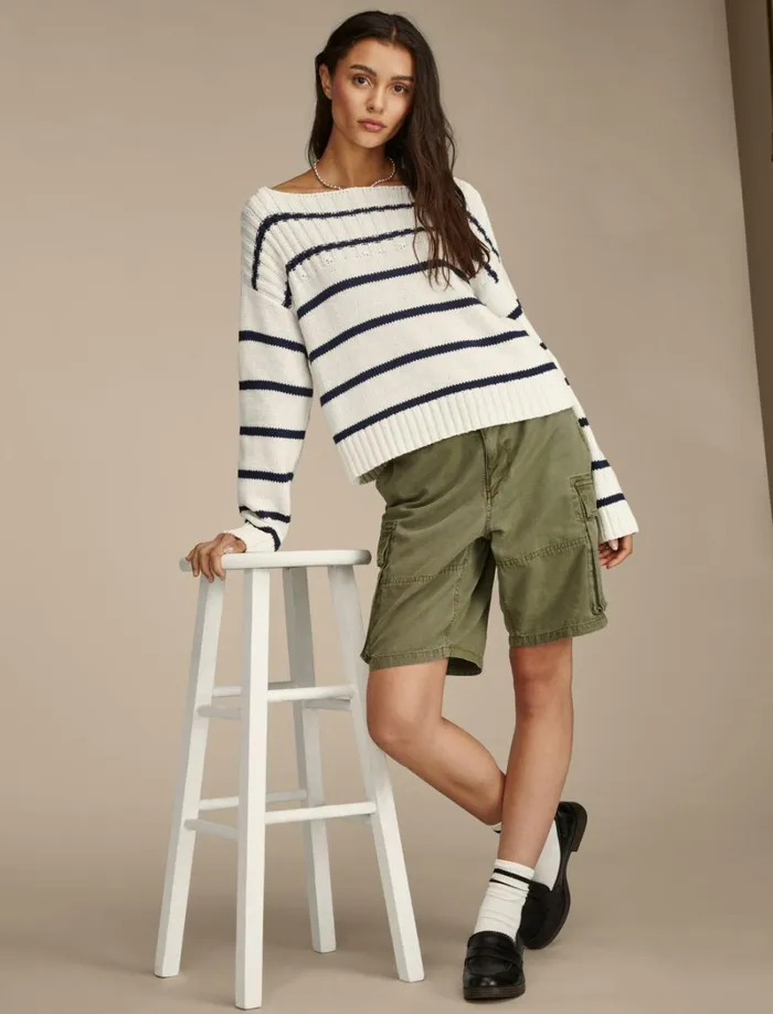 Lucky Brand Sweaters and Sweatshirts Women Textured Pullover Sweater Tofu Cadet Navy Str