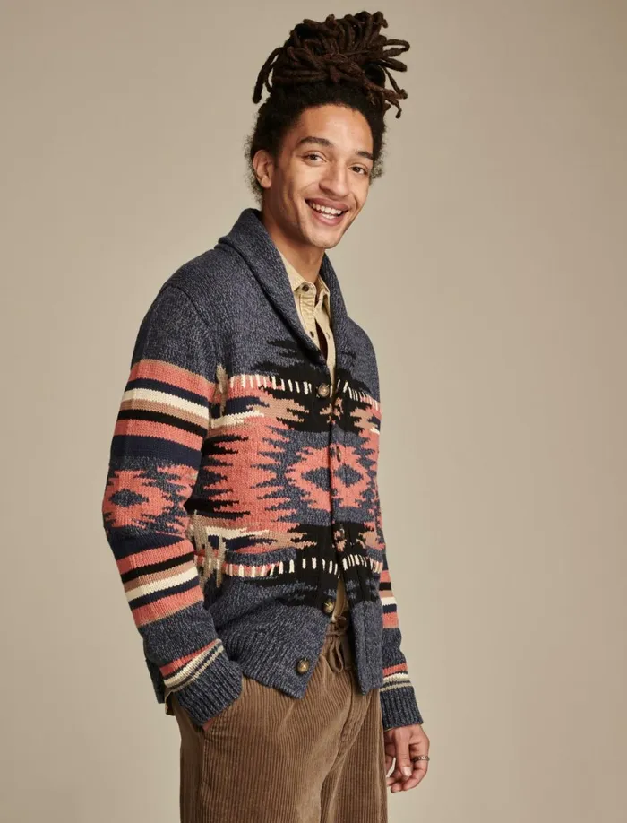 Lucky Brand Sweaters Men Southwest Shawl Cardigan Denim Multi