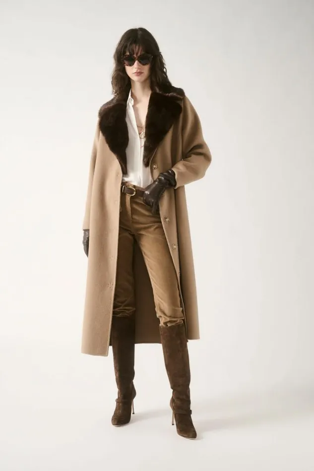Luisa Spagnoli Outerwear Sussulto 8211 Coat With Faux Fur Lapels Camelbrown 8211 Women