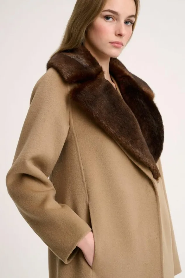 Luisa Spagnoli Outerwear Sussulto 8211 Coat With Faux Fur Lapels Camelbrown 8211 Women