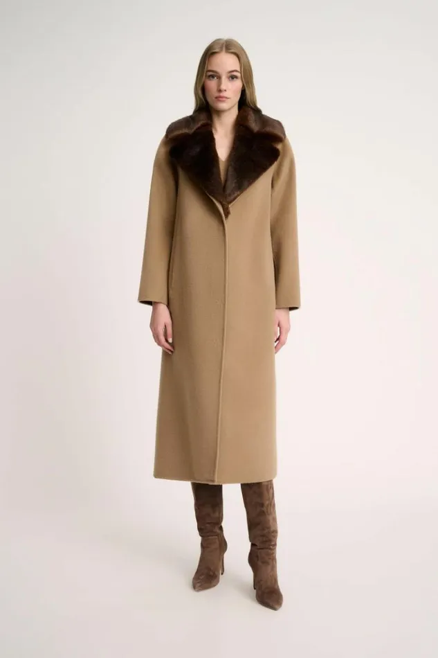 Luisa Spagnoli Outerwear Sussulto 8211 Coat With Faux Fur Lapels Camelbrown 8211 Women