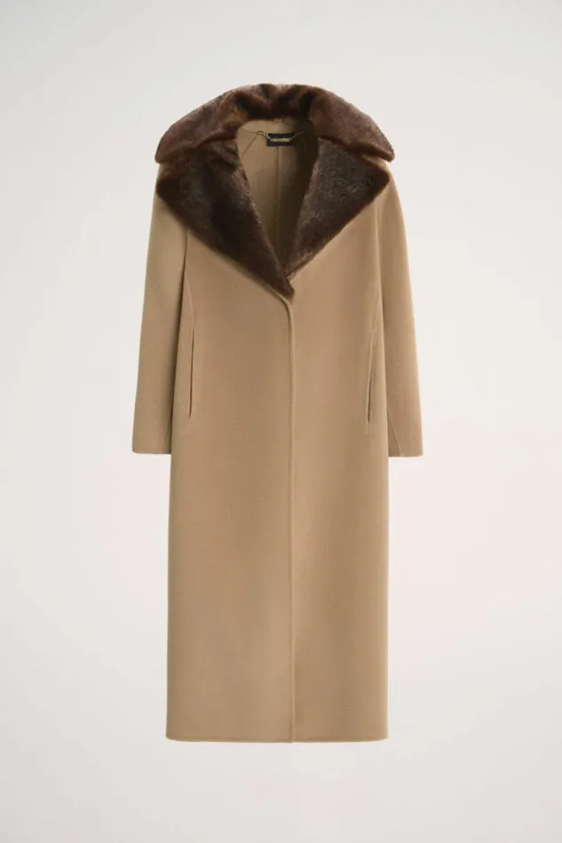 Luisa Spagnoli Outerwear Sussulto 8211 Coat With Faux Fur Lapels Camelbrown 8211 Women