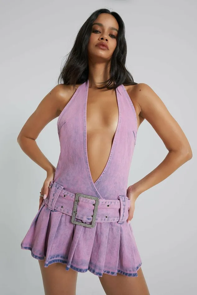 Malibu Plunge Denim Mini Dress Pink Women Jaded London Malibu Plunge Denim Mini Dress Pink Women Jaded London