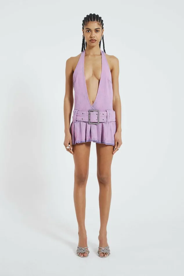 Malibu Plunge Denim Mini Dress Pink Women Jaded London Malibu Plunge Denim Mini Dress Pink Women Jaded London