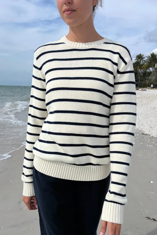 Martha Cotton Thin Stripe Sweater Ivory With Navy Blue Stripes Women Brandy Melville Sweaters