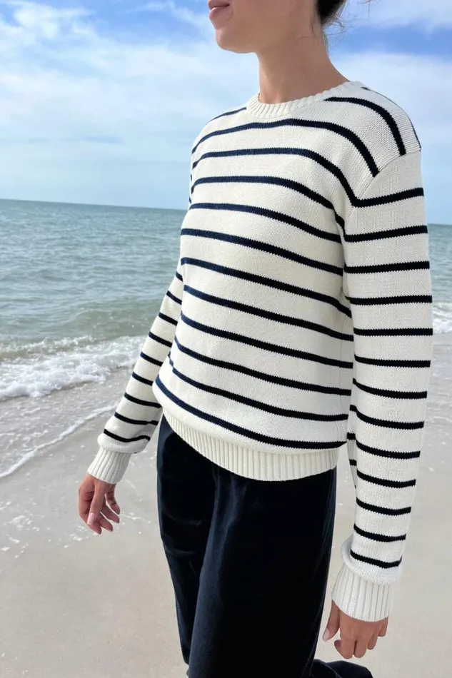 Martha Cotton Thin Stripe Sweater Ivory With Navy Blue Stripes Women Brandy Melville Sweaters