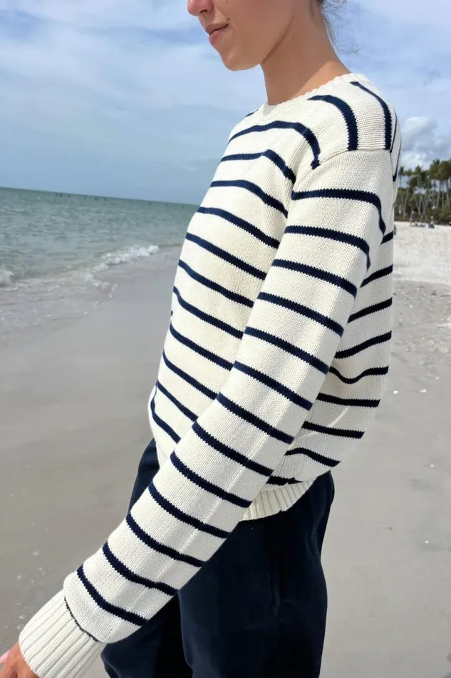 Martha Cotton Thin Stripe Sweater Ivory With Navy Blue Stripes Women Brandy Melville Sweaters