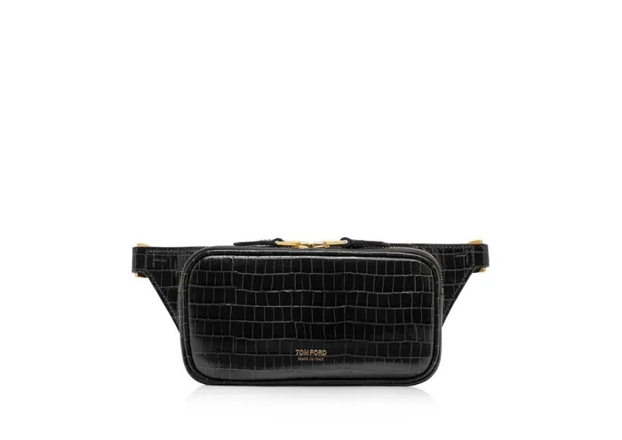 Men Belt Bags Tom Ford Glossy Printed Croc Small Zip Belt Bag Black