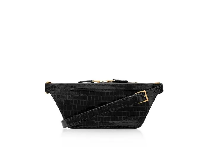 Men Belt Bags Tom Ford Glossy Printed Croc Small Zip Belt Bag Black