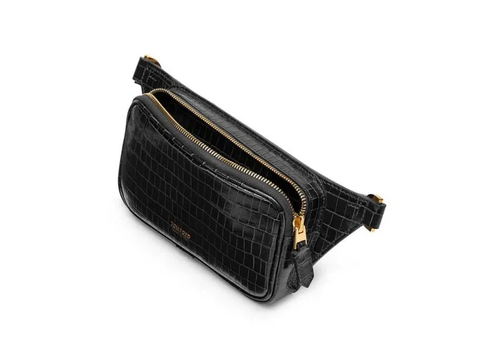 Men Belt Bags Tom Ford Glossy Printed Croc Small Zip Belt Bag Black