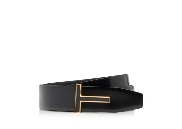 Men Belts Tom Ford Smooth Leather Enamel Buckle T Belt Black