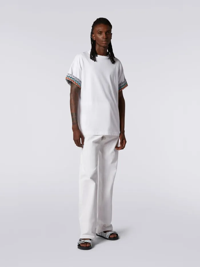Men Cotton CrewNeck TShirt With Knitted Insert White Missoni Polos and Tshirts