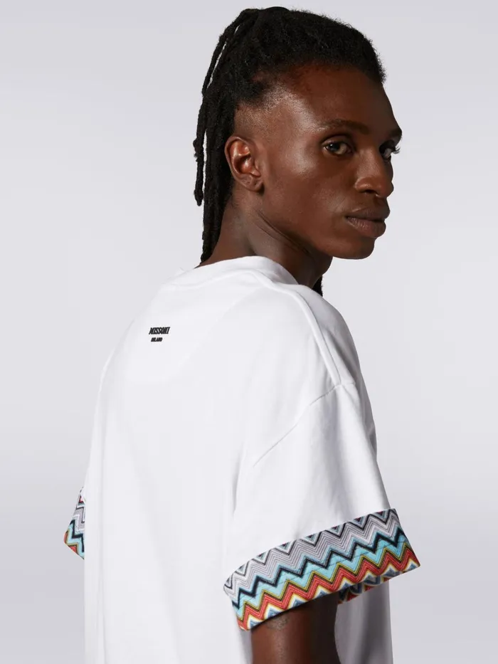 Men Cotton CrewNeck TShirt With Knitted Insert White Missoni Polos and Tshirts