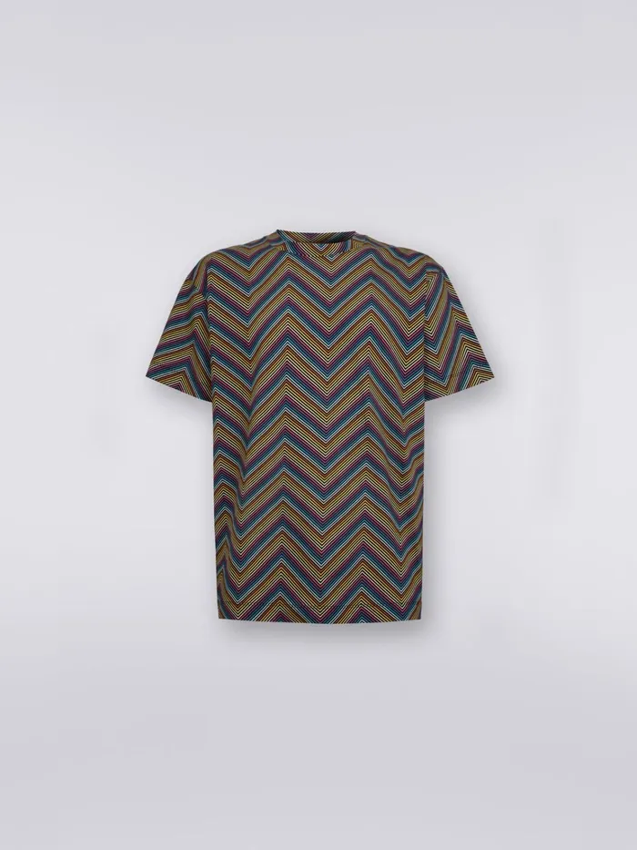 Men CrewNeck Cotton TShirt With AllOver Zigzags Multicoloured Missoni Polos and Tshirts