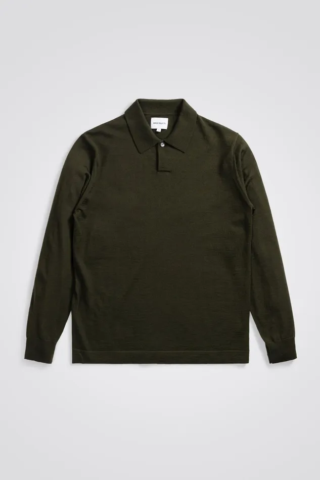 Men Jon Tech Merino LS Polo Army Green Norse Projects Knitwear