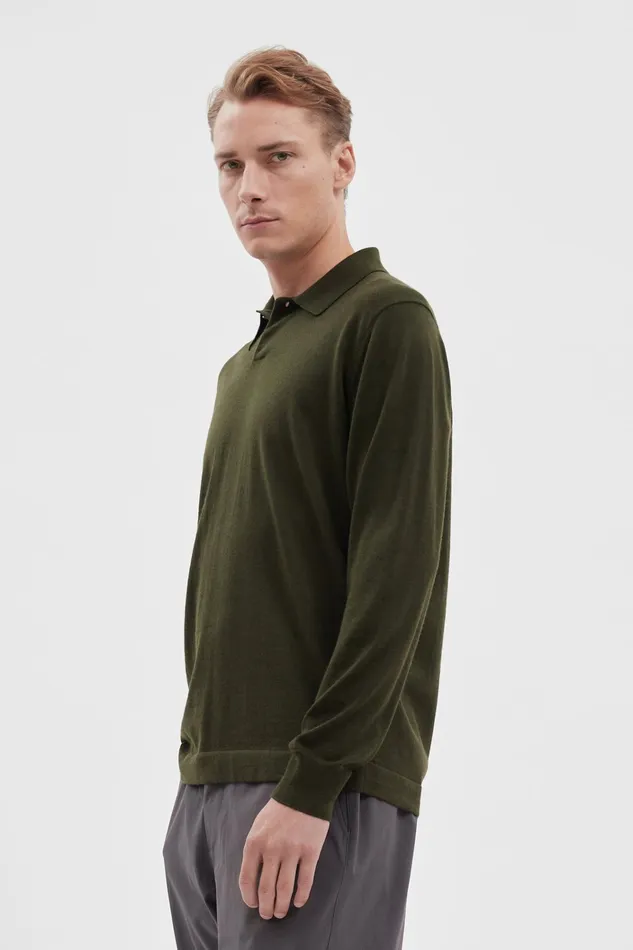 Men Jon Tech Merino LS Polo Army Green Norse Projects Knitwear