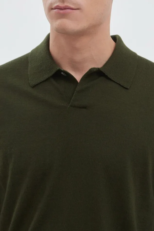 Men Jon Tech Merino LS Polo Army Green Norse Projects Knitwear
