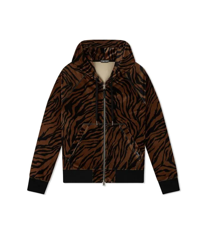 Men Knitwear Tom Ford Zebra Print Velour Zip Hoodie Brownblack