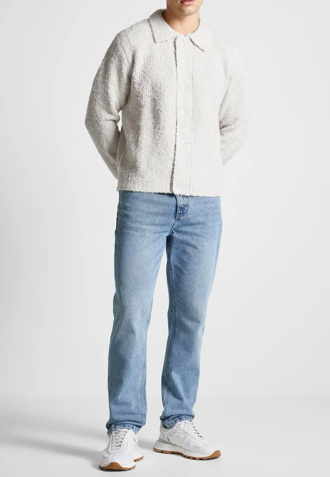 Men Manire De Voir Boucle Knit Button Up Cardigan Stone