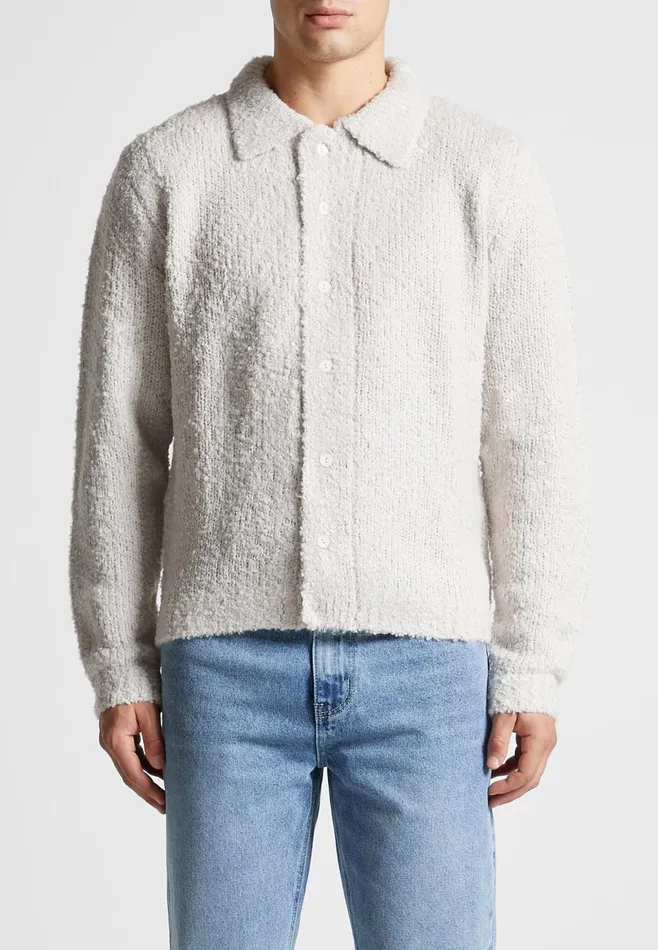 Men Manire De Voir Boucle Knit Button Up Cardigan Stone