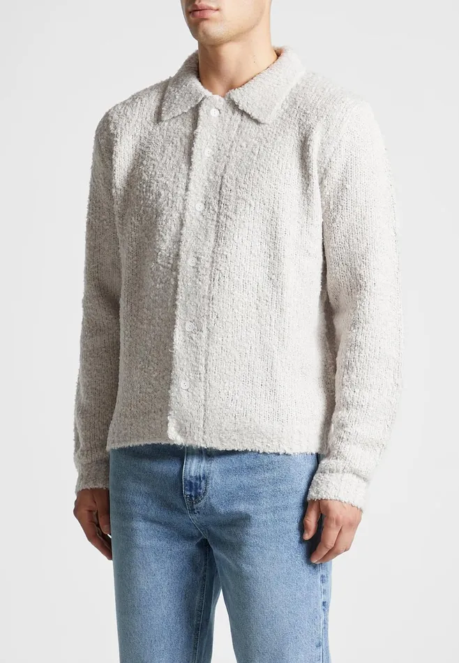 Men Manire De Voir Boucle Knit Button Up Cardigan Stone