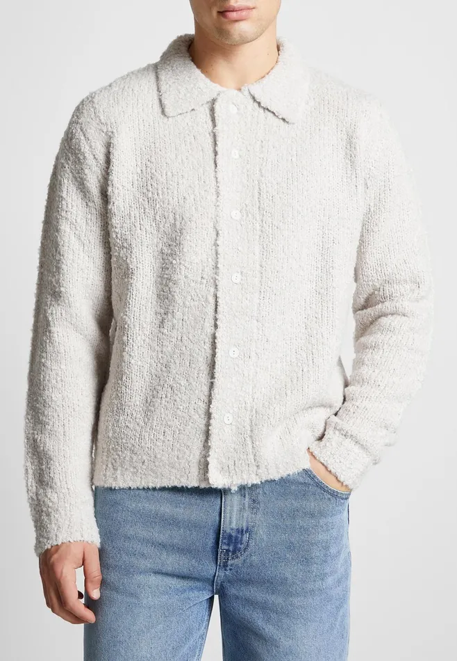 Men Manire De Voir Boucle Knit Button Up Cardigan Stone