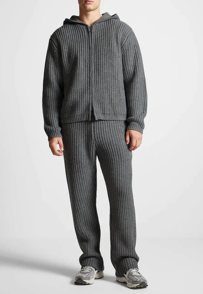 Men Manire De Voir Chunky Knit Zip Through Hoodie Charcoal Grey